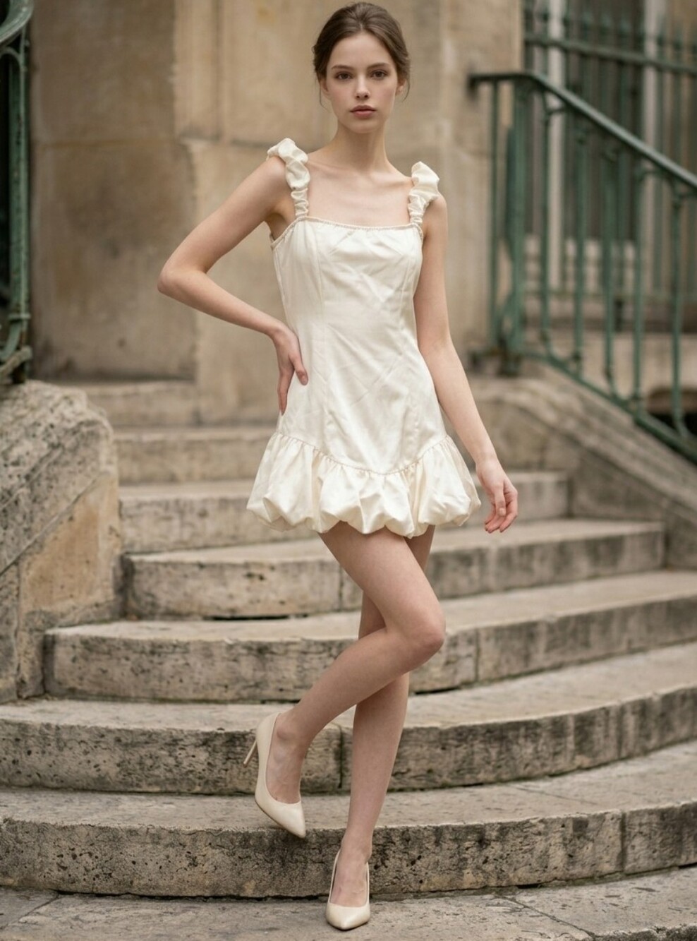 PrettyLittleThing Ivory Satin Mini Puff Ball Dress. Size 6